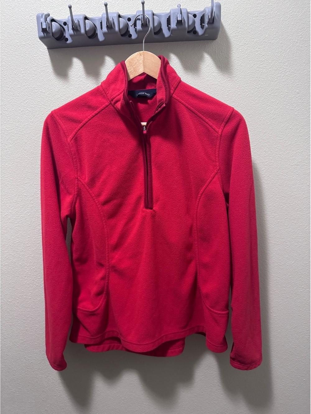 Lands’ End Women’s M 10-12 Red Fleece 1/4 Zip Pullover Jacket Pockets